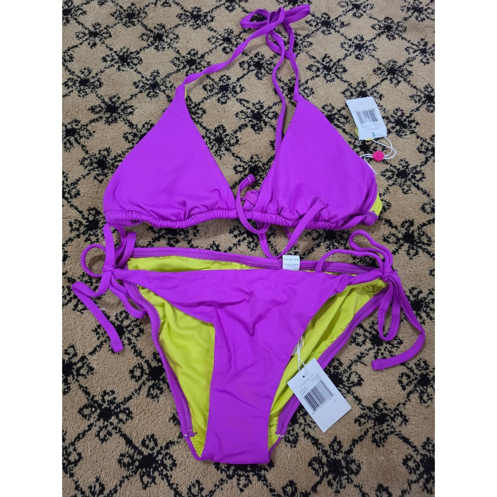 Echo Design Womens Reversible Bikini Set Purple Neon Green UPF 50+ Small NWT